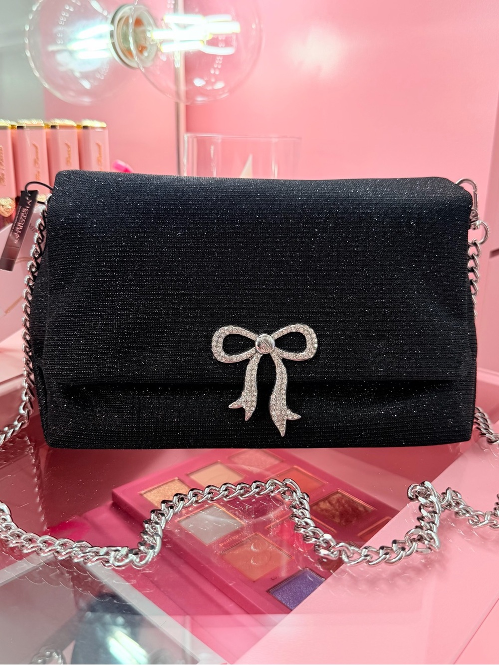 Victoria’s Secret Convertible Mini Bag Black Sparkle Rhinestone Bow NWT
